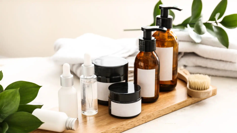 Produits cosmétiques naturels sur plateau bois : flacons pompe ambrés, pots noirs, pipettes blanches. Feuilles vertes et serviettes blanches.
